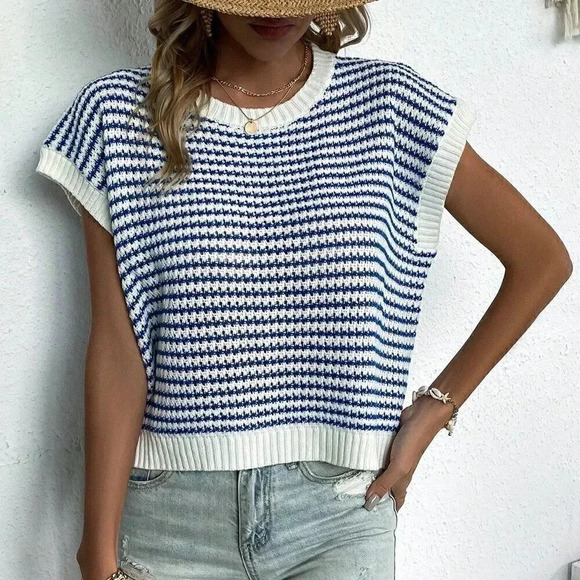 White Casual Women's Knit Mix Striped Round Neck Loose Knit Top - Picture 1 of 8
